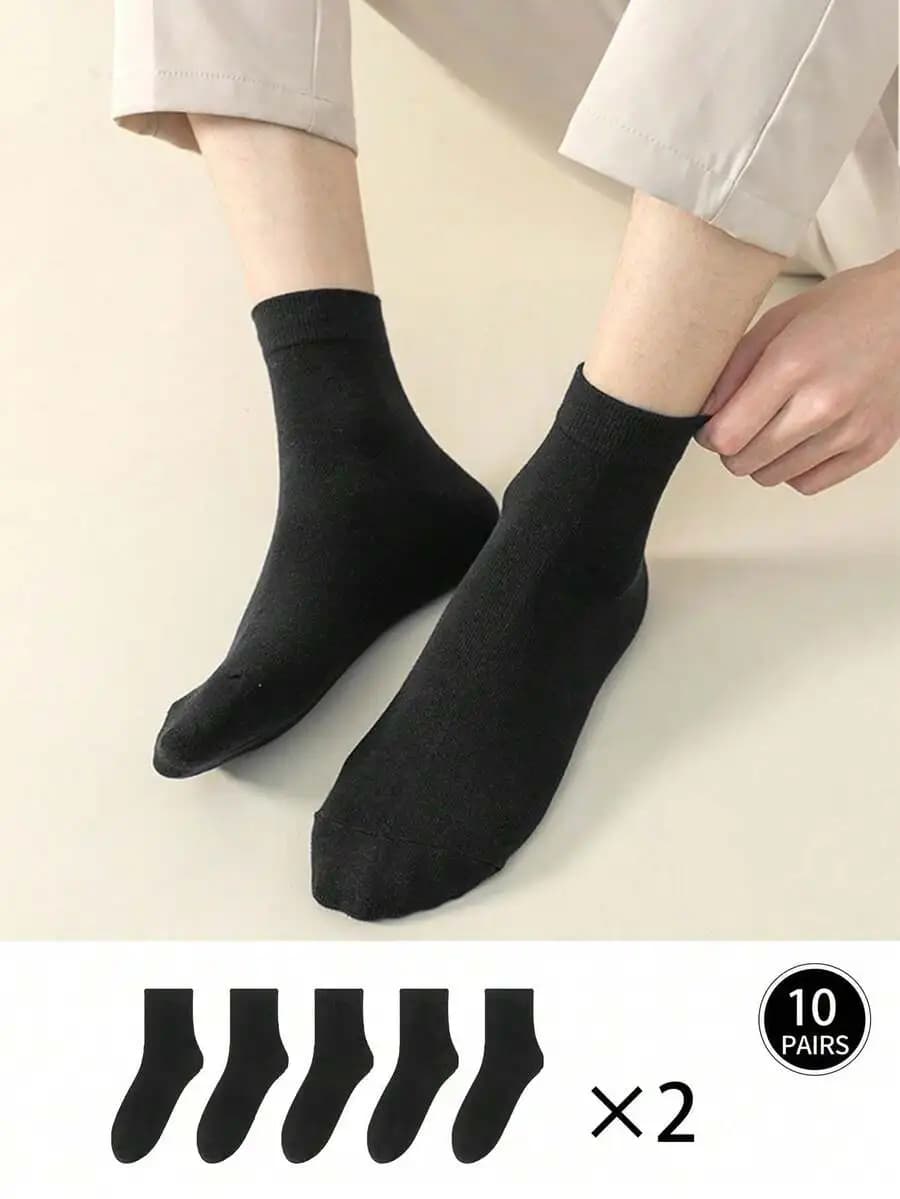 Mens Solid Black Mid-Calf Socks 10 Pairs Classic Casual Daily Wear Spring Summer Fall