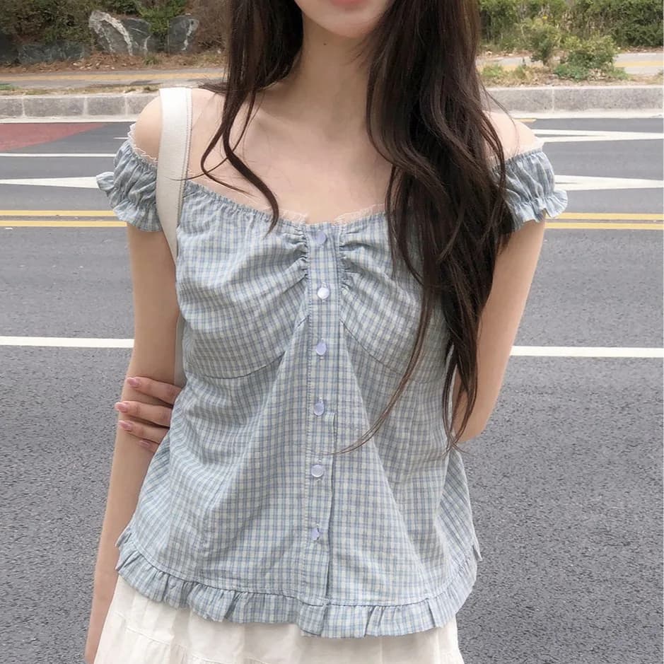 Korean Style Slim Fit Short Sleeve Shirt Summer Design Plaid Square Collar Compact Size Versatile Short Length Top for Women
