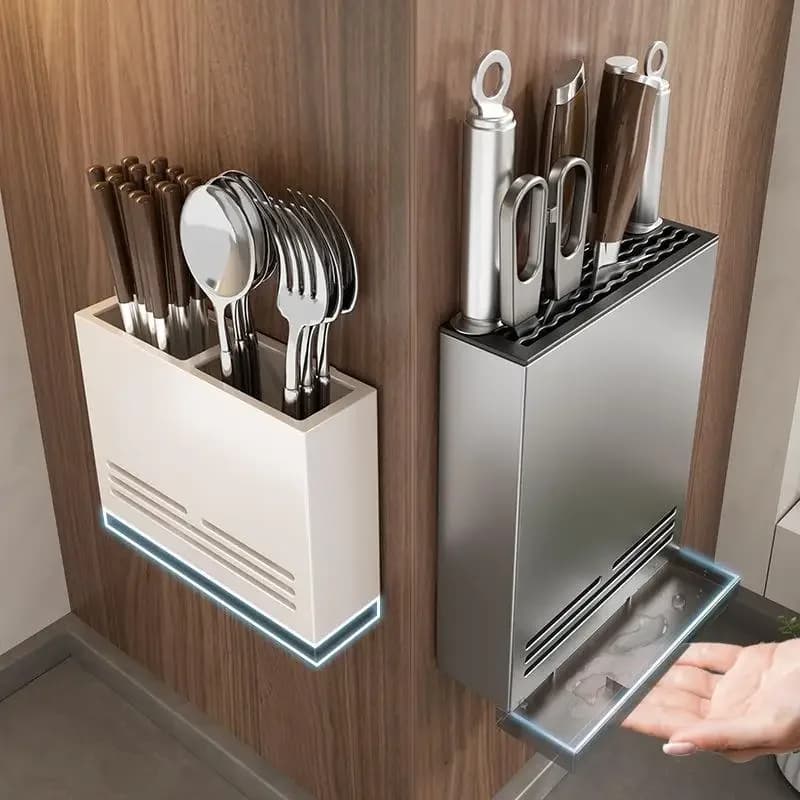 Kitchen Wall-Mounted Knife Holder No-drill Storage Rack with Drain Tray Drainage Rust-Proof Space Aluminum Household