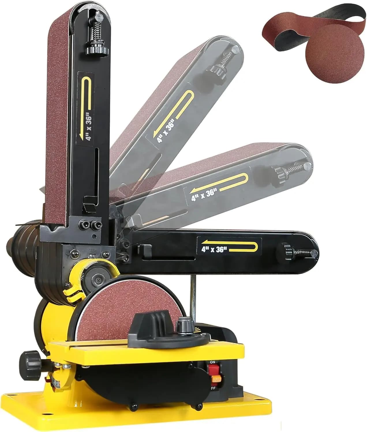 4.3A ribbon sander with 4x36 Abrasive tape Belt and 6 inch Disc with double dust hole, steel base, includes 2 sandpaper