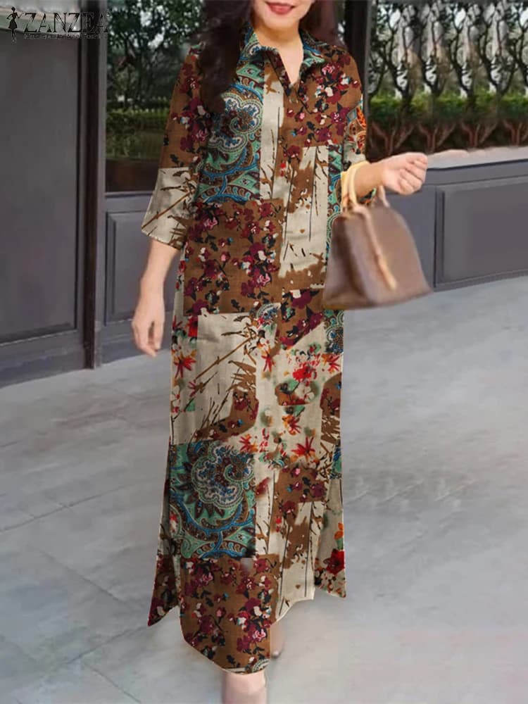 Women's Dresses Auutmn Vintage Spring 3/4 Sleeve Floral Print Maxi Long Dress Cotton Shirt Fashion Large Summer Dress
