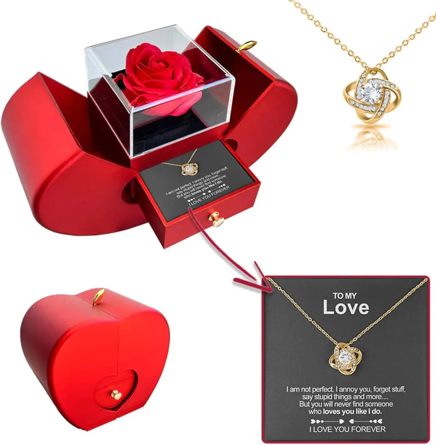 Rosa Rossa Stabilizzata 2025 con Collana a Clavicola Cava, Scatole Portagioie con Collana, Confezione Regalo per Fidanzata, Moglie, Mamma