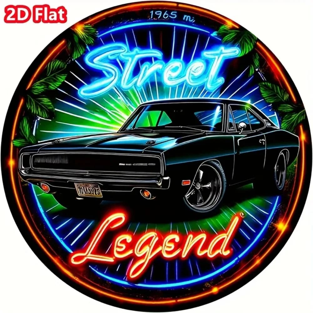 Targa in metallo per auto Timeless Retro Neon Street Legend. Questo arte da parete, con il suo design vintage di muscle car