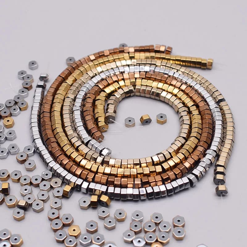 4/5/6/8mm Perline di ematite naturale Perline distanziatrici allentate Perline esagonali a disco color oro per la creazione di gioielli Collana fai da te adatta