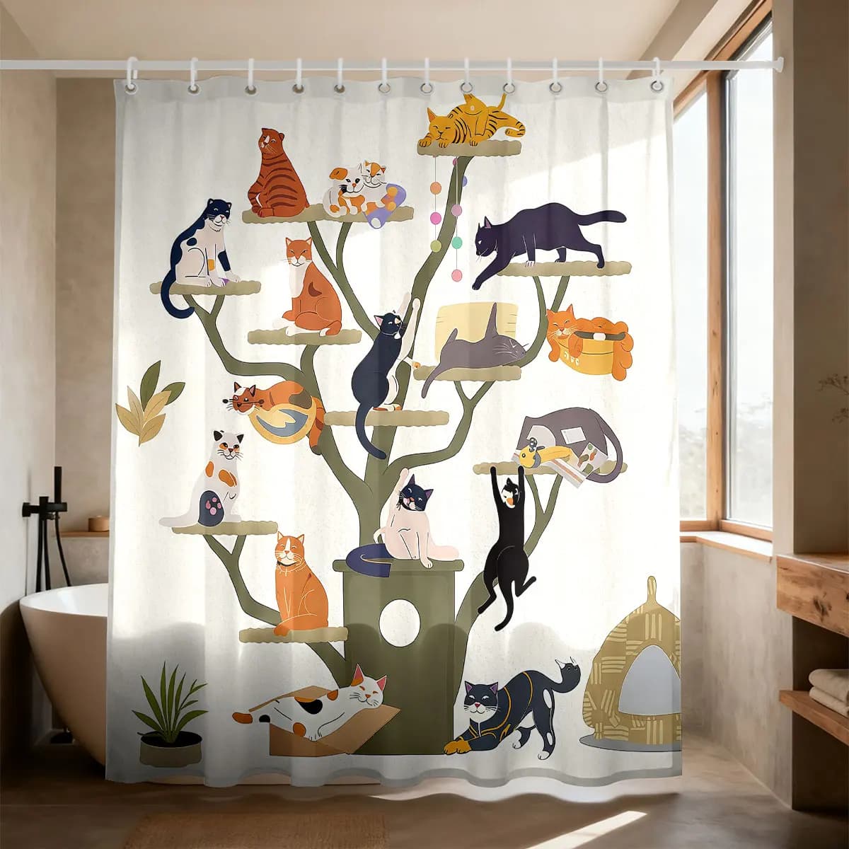 Tenda da Doccia con Stampa Gatto Carino, Tenda Divisoria Multiuso con 12 Ganci, Decorazione Bagno alla Moda