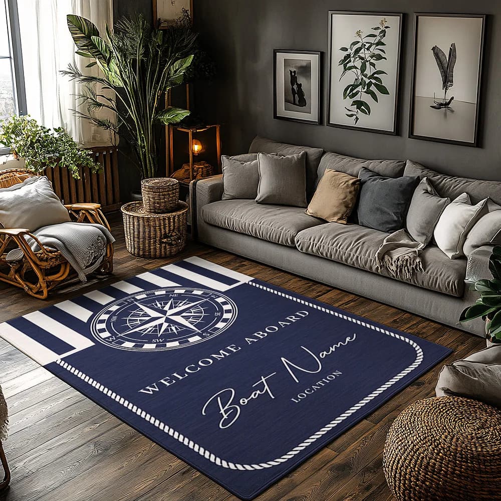 Customi ship name Nautical Compass Welcome Rug,Blue White Boat Theme Carpet for Living Room,Soft Mat with Maritime Decor