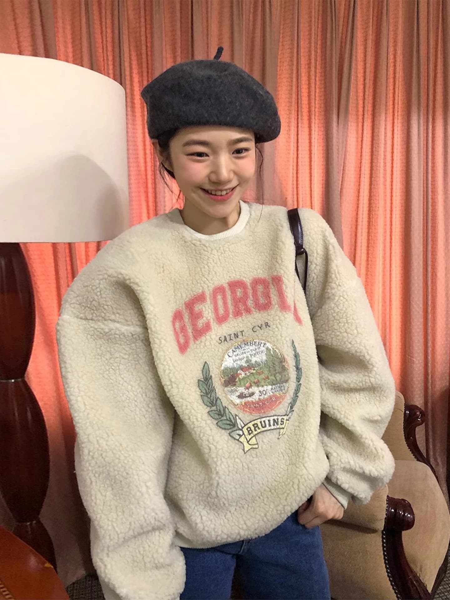 Lamb Fur Hoodie Women's Loose Warm Overhead Letter Cartoon Print Anti-Aging Winter New Style Comfortable Female Clothing
