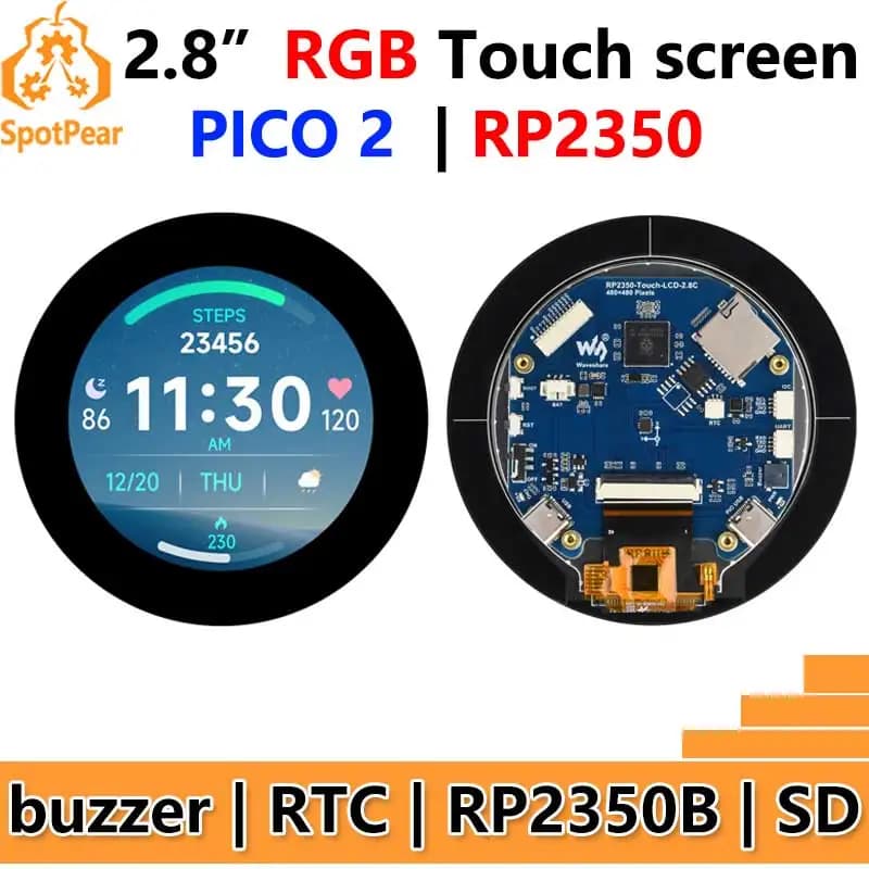 Raspberry Pi Pico 2 RP2350B Scheda di sviluppo LCD da 2,8 pollici Display RGB TouchScreen rotondo 480x480 LVGL QMI8658 / SD / RTC