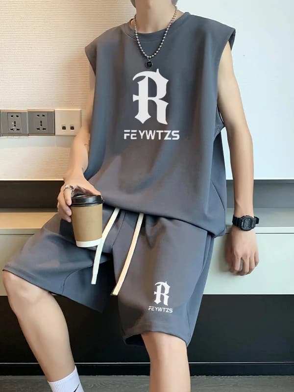 2026 New Men's Sporty Cooling Breathable Tank Top And Shorts Fitness Running Set Thin Sweat Absorbent round Neck Short Sleeve