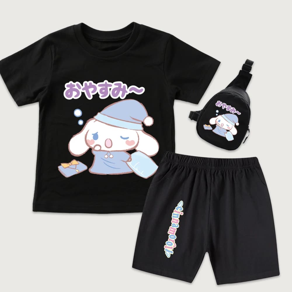 Set 3 Pezzi Cinnamoroll per Bambini: T-Shirt in Cotone con Stampa Cappuccio per Dormire, Pantaloncini e Mini Borsa da Petto per Ragazzi e Ragazze