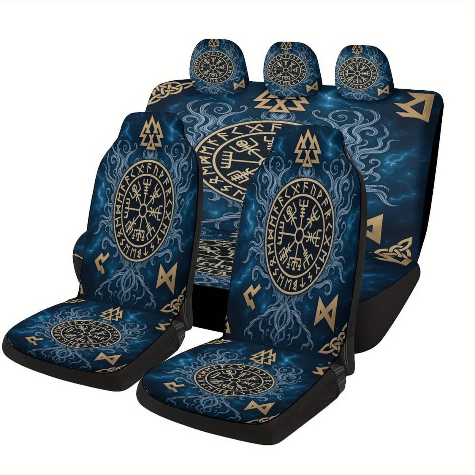 Set of car seat covers designed with Viking Vegvisir compass for most cars, complete set of protective covers for fashionable decorative car seats