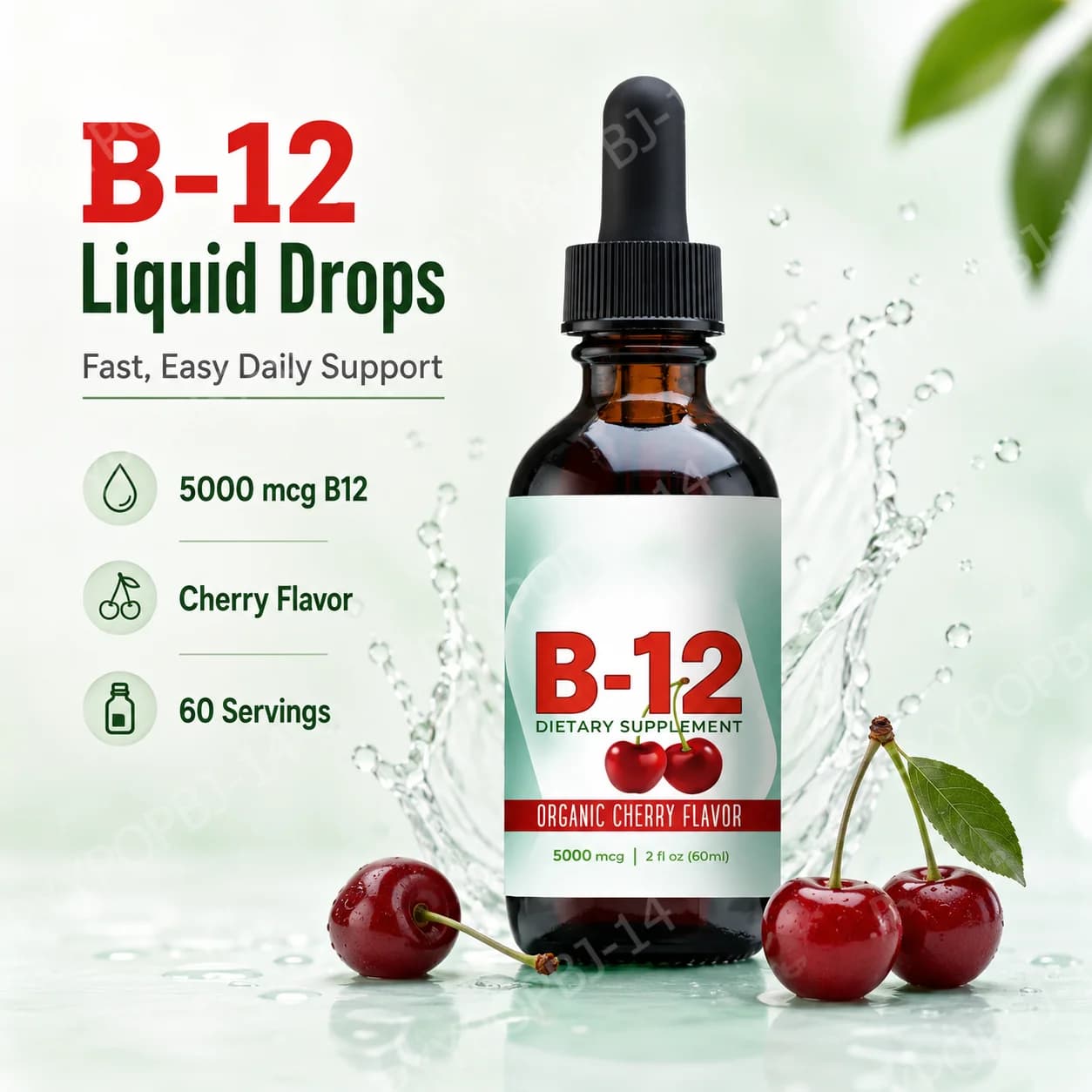 Vitamin B12 Methylcobalamin Liquid Drops 5000 Mcg, Cherry Flavor, 2 Fl Oz, 60 Servings, Vegan Sugar Free Daily Supplement