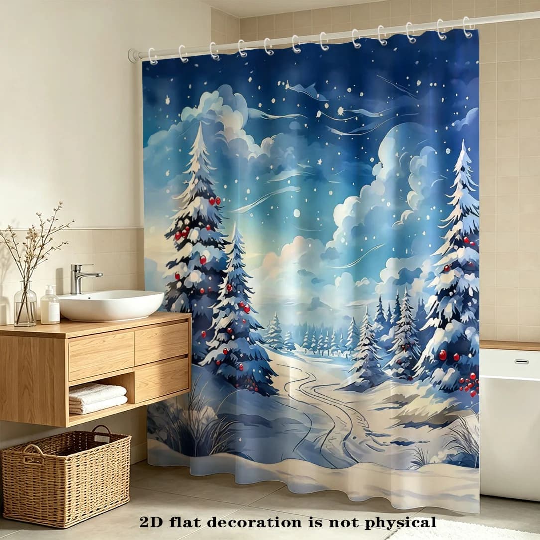 Winter Wonderland Forest Scene Shower Curtain Blue Snowfall Mountain Cabin Bathroom Decor