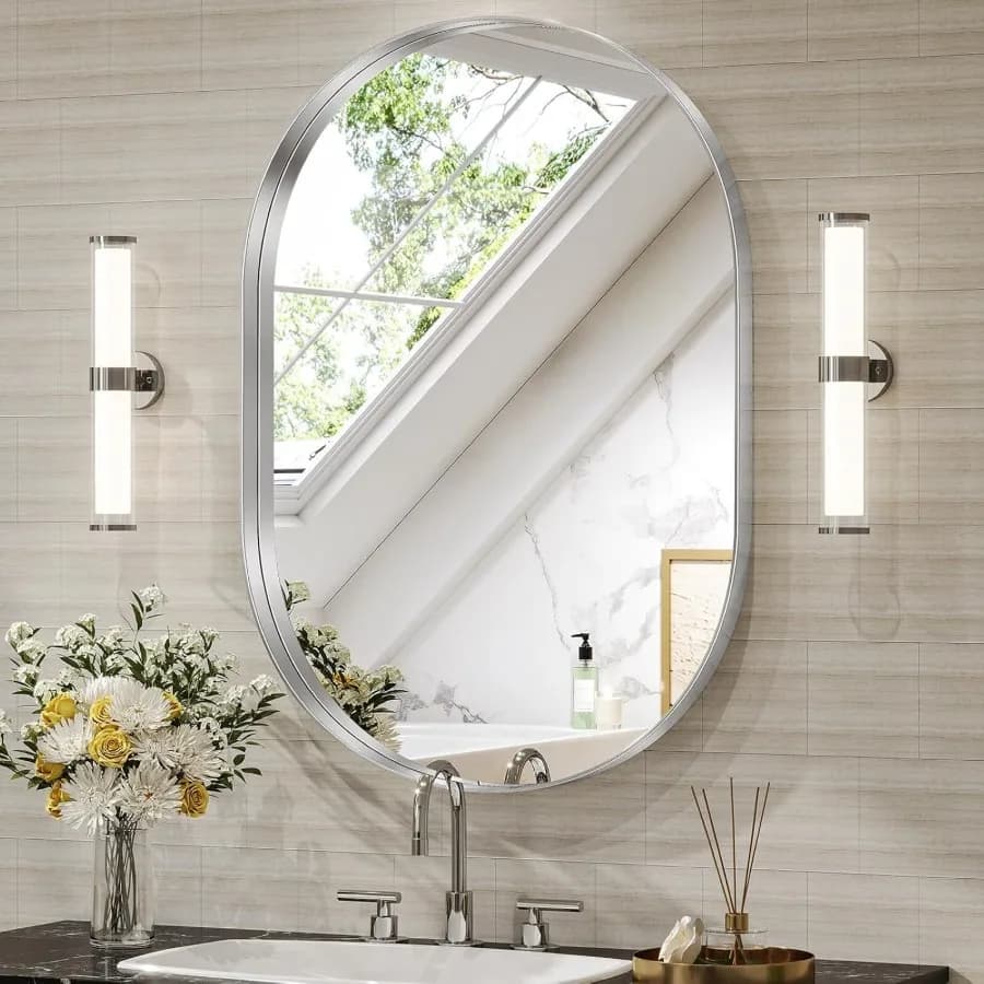 22"x30" Bathroom Mirror Oval Wall Mirror Vanity Mirror with Metal Deep Frame Silver