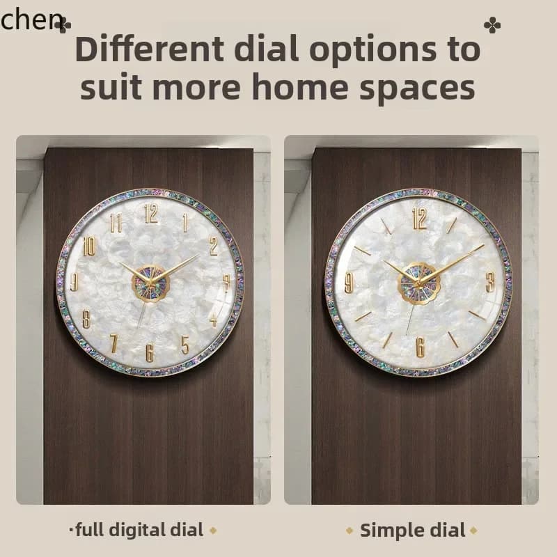 TQH-i7.7 luxury wall clock - living room seashell diamond inlay, no-drill mount, minimalist silent quartz clock