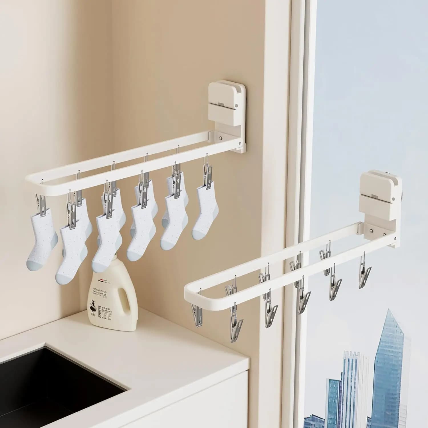 2 Pack Wall Mounted Suction Cup Clothes Drying Rack with 20 Clips, Portable & Collapsible for Socks, Bras, Underwear