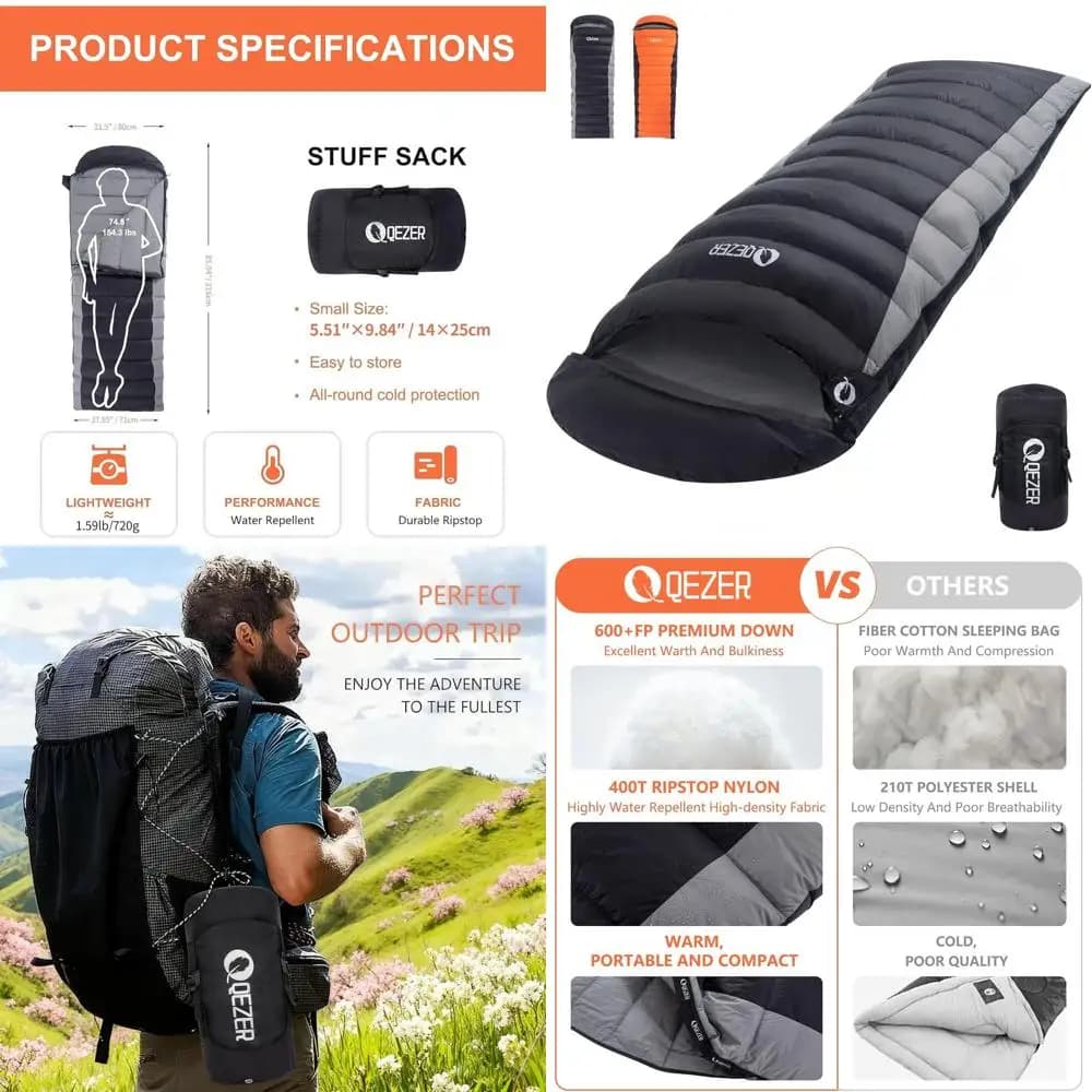 Ultralight sleeping bag in adult goose down - 600 fill power, ideal for cold weather, backpacking, camping, hiking