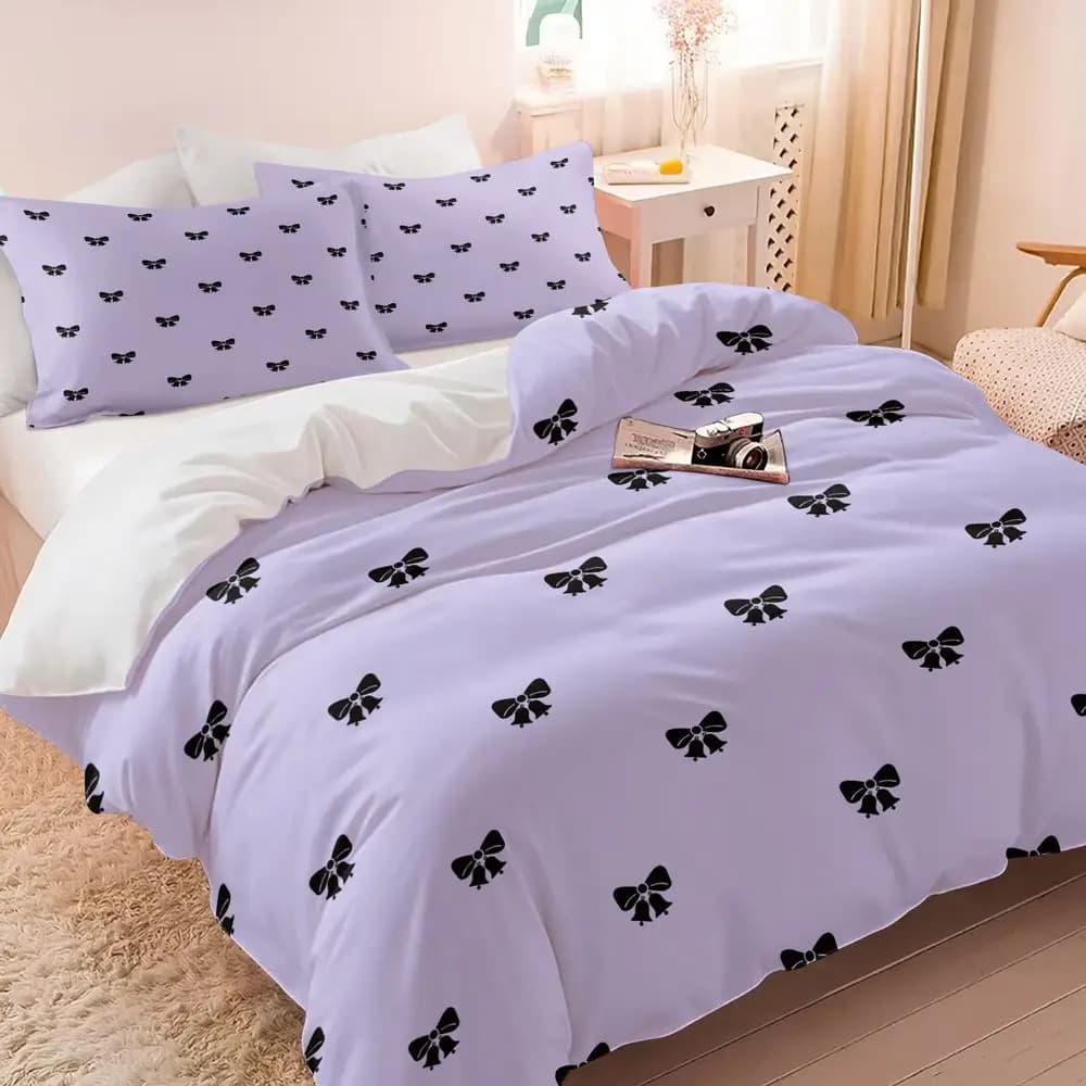 Set copripiumino con stampa fiocco viola da 2/3 pezzi (1 copripiumino e 1/2 federa) Set biancheria da letto morbida ed estetica per l'arredamento della camera da letto delle ragazze