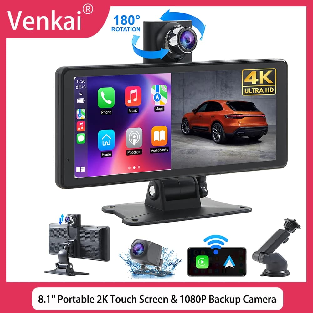 Touch screen 2K portatile da 8,1 pollici con telecamera di backup 1080P Dash Cam 4K Navigazione GPS Riproduzione auto Stereo Android Controllo vocale automatico