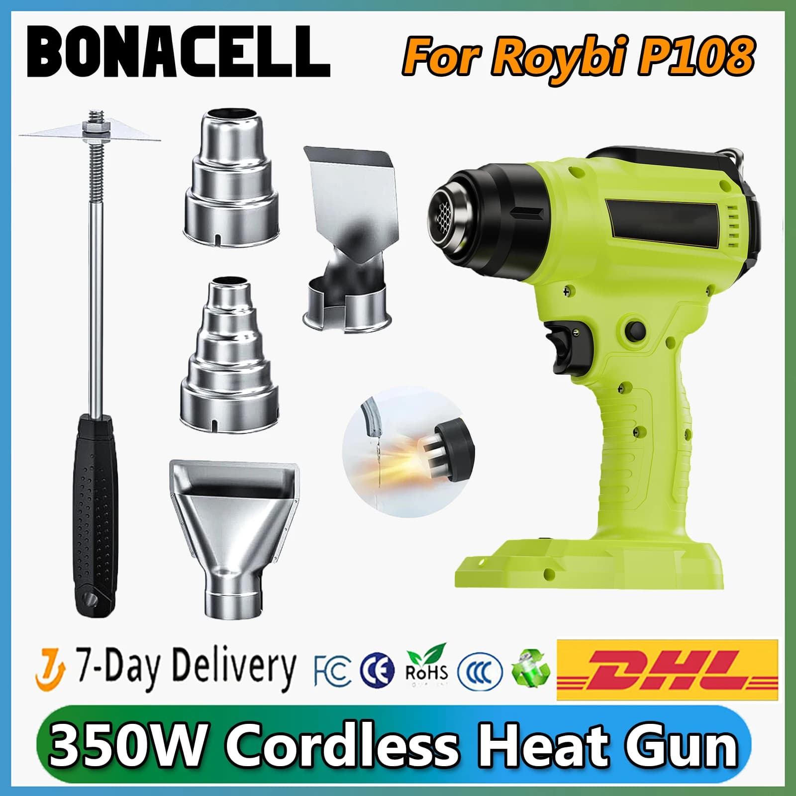 Pistola termica a batteria Bonacell 350W per batteria Roybi 18V Temperatura regolabile 122 ℉ -990 ℉ Pistola termorestringente per elettroutensile portatile