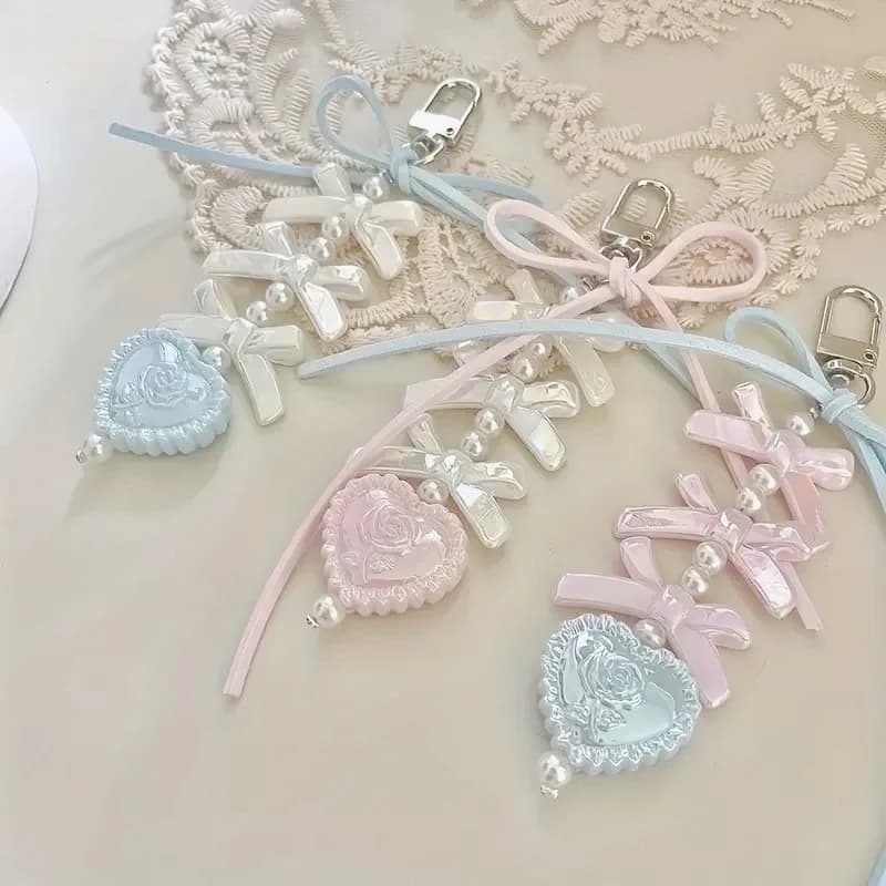 Cordino per telefono coreano con cuore e fiocco, perline, ciondolo Kawaii per ragazza, portachiavi, ciondolo per zaino