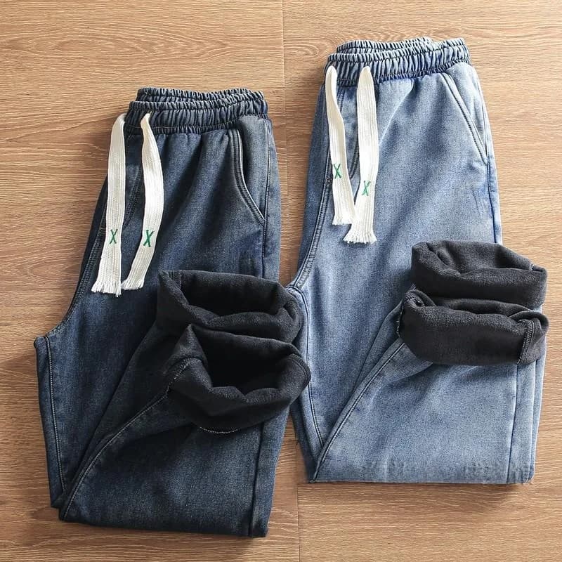 Jeans Invernali da Uomo Imbottiti in Cotone, Gamba Dritta, Casual, Caldi, Antivento, alla Moda, Pantaloni Lunghi