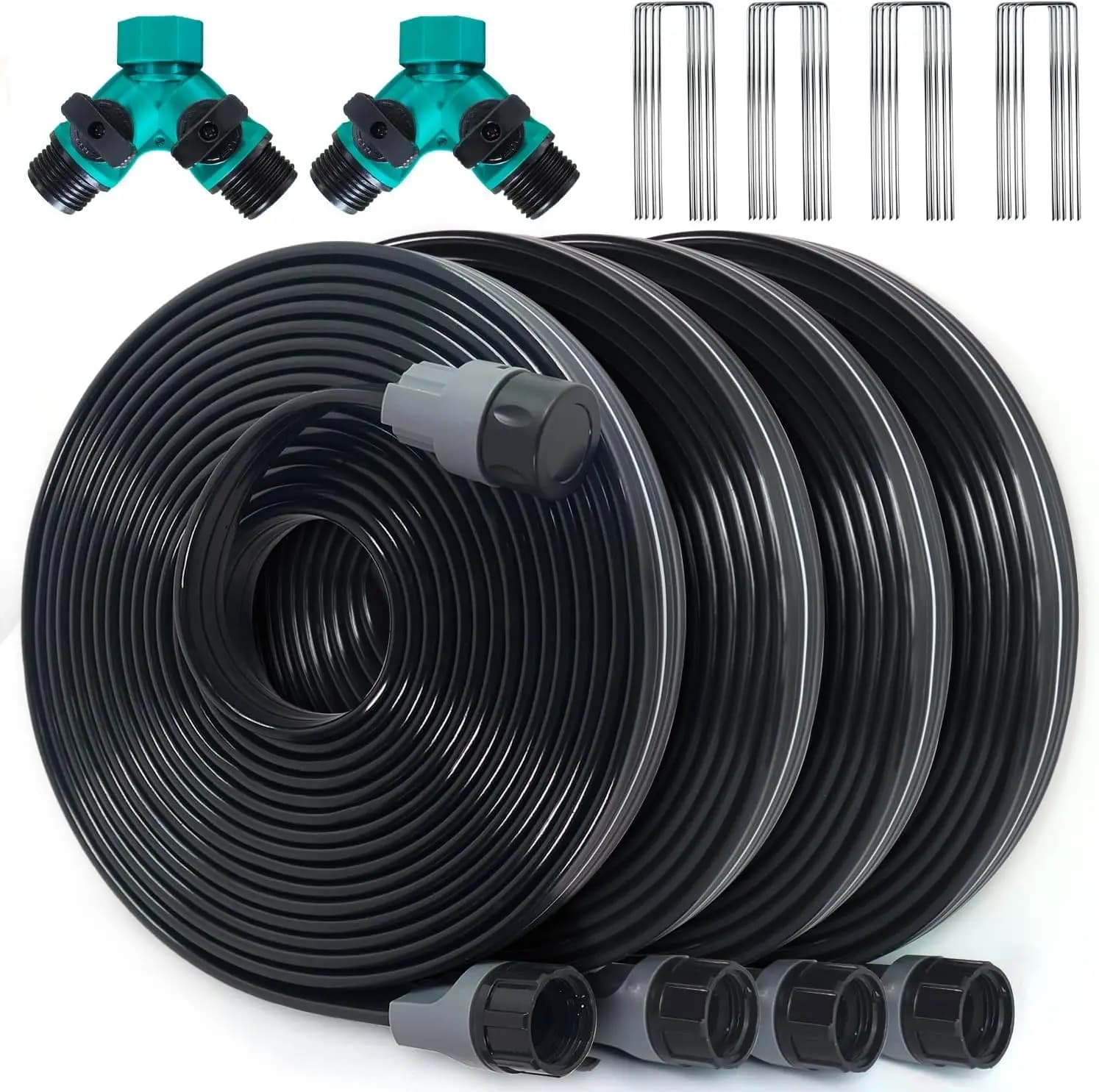 Flat Soaker Hose 100 ft (25 ft 4pack) with Garden Staples and Splitters for Lawn and Garden Bed Watering