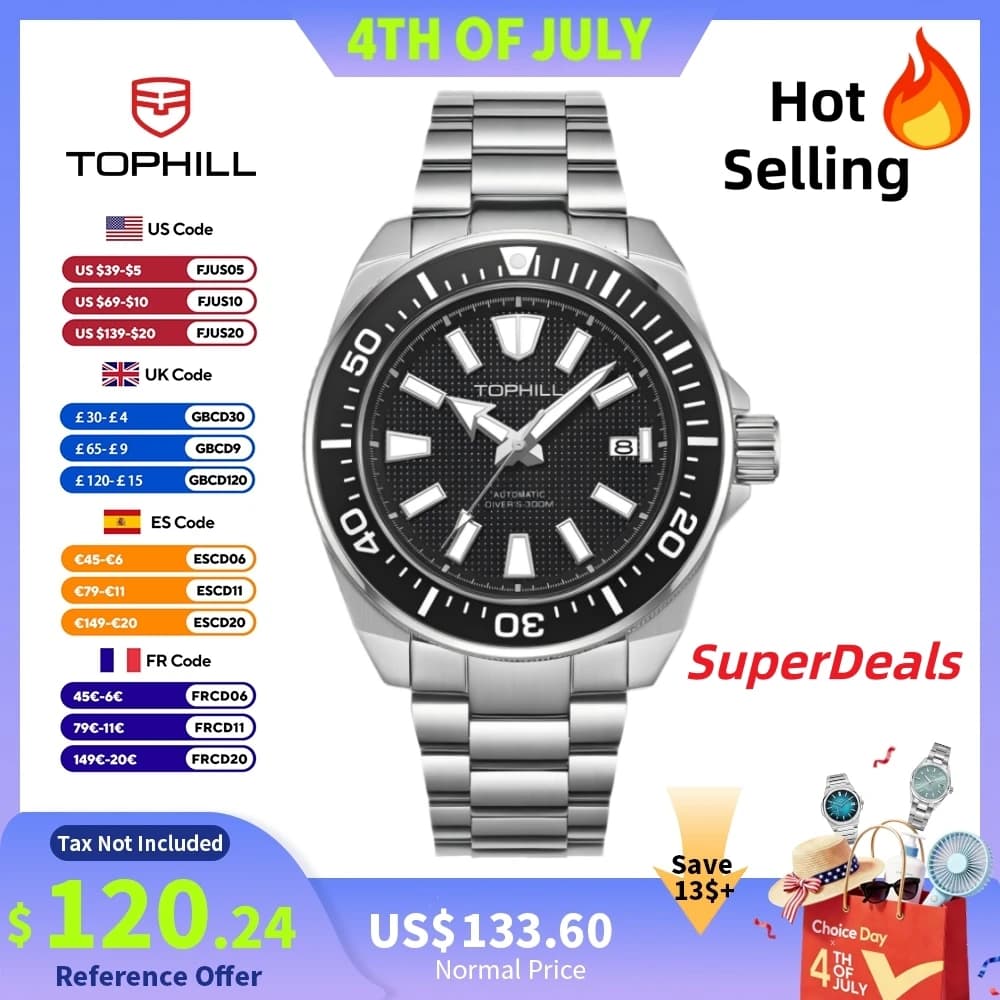 Orologio Subacqueo da Uomo TOPHILL NH35 43.8mm Automatico con Ghiera in Alluminio, Quadrante Waffle Resistente all'Olio, Impermeabile 300M, Luminoso C3, Reloj TD008G