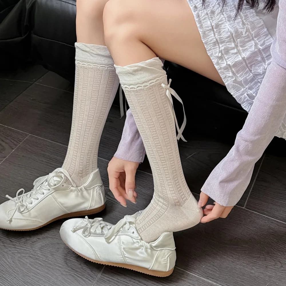 Calze lunghe per bambini, primavera estate, sottili e traspiranti, calze al ginocchio per bambina, con fiocco a nastro, nere, bianche, grigie, in rete, per adolescenti
