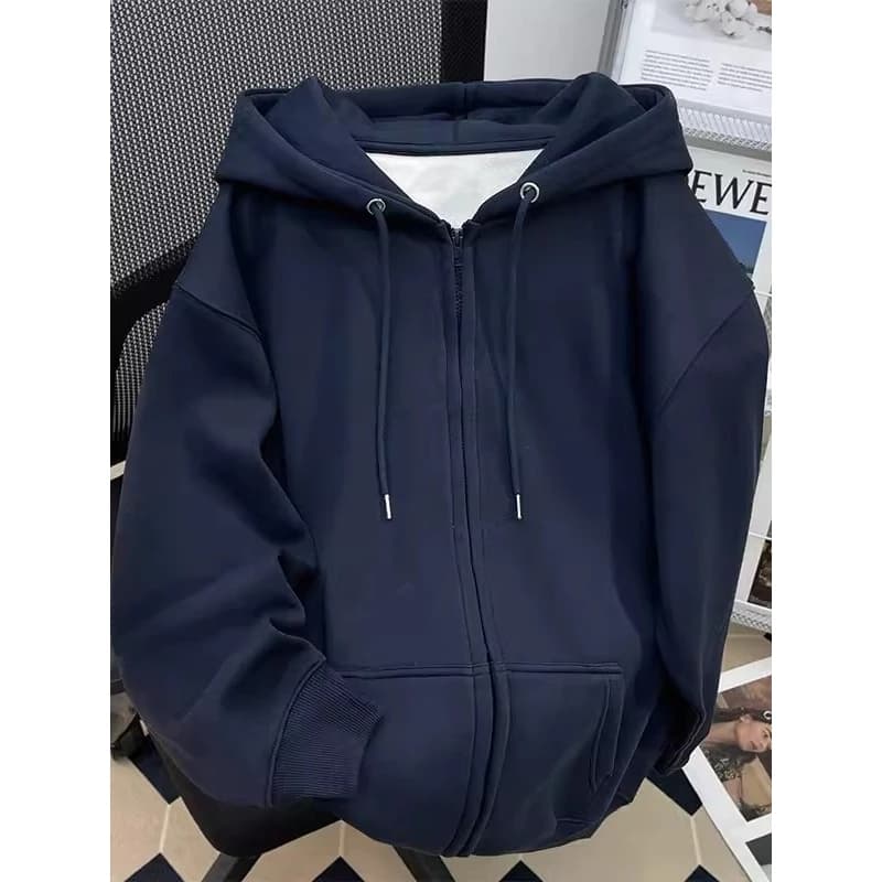 Heavyweight American Style Hooded Open Cardigan Men's Fleece Lined Jacket Trendy Zipper Warm Casual Polyester Fabric Coat