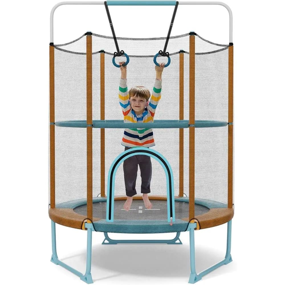 Trampolino 3-in-1 per Bambini con Barra Ginnica, Anelli e Rete di Sicurezza per Gioco Interno/Esterno