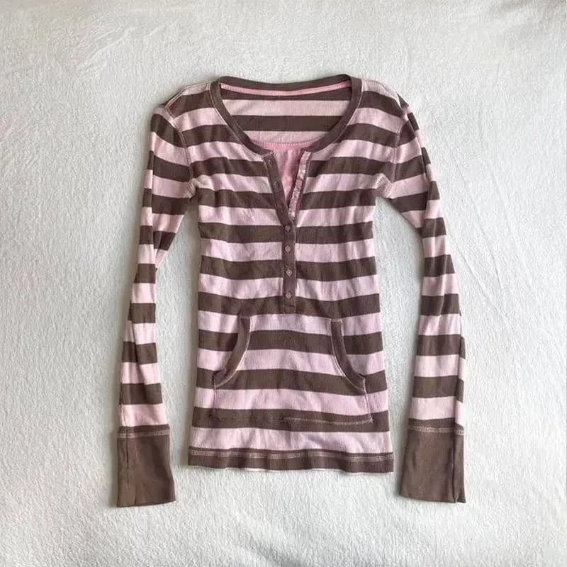Winter T-shirt Stripe Fake 2Piece Slim Y2k Vintage Punk Sweet Harajuku Korea Woman Clothes Long Sleeves Elegant Tees Fashion Emo