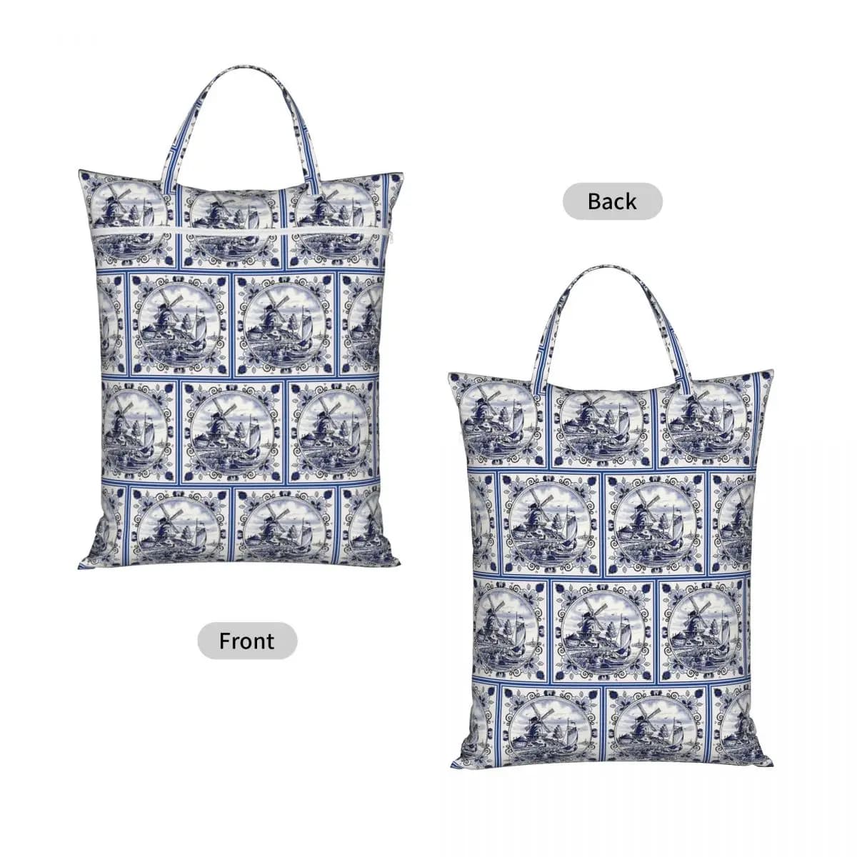 Dutch Blue Delft Vintage Windmill Print Travel Laundry Bag Waterproof Reusable Dirty Clothes Pouch Gym Vacation Washing Basket
