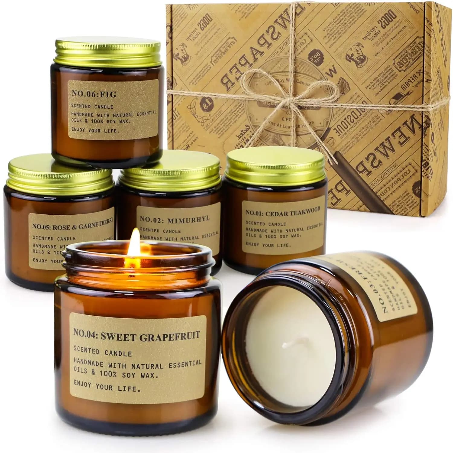 Set di 6 Candele Profumate in Cera di Soia in Barattoli Ambrati, Set Regalo Aromaterapico a Lunga Durata per Donne, Compleanno o Ringraziamento