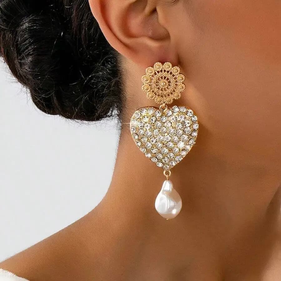Orecchini a goccia in cristallo a forma di cuore con perla per donna, gioielli alla moda