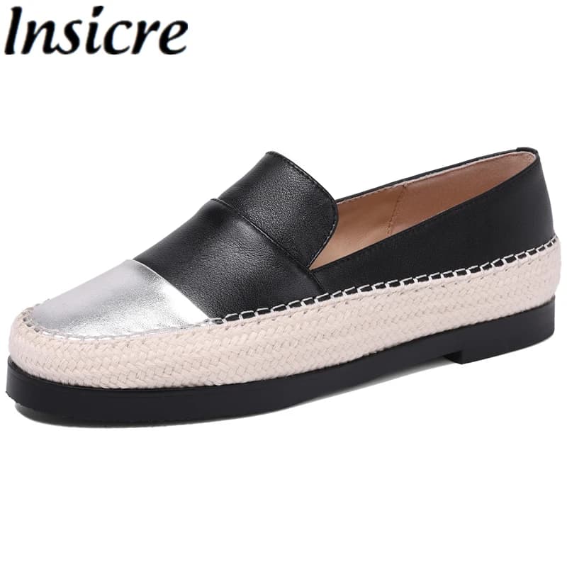 Insicre 2026 Classici Scarpe da Donna con Tacco in Pelle di Vacchetta, Punta Rotonda, Patchwork Fatto a Mano, Scarpe Casual Primaverili, Mocassini Bassi