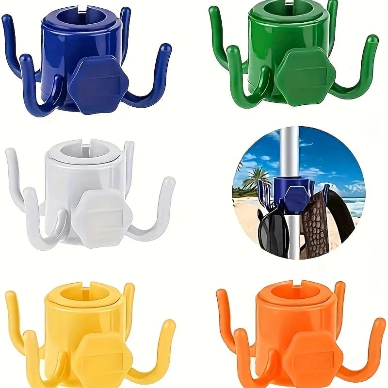 2 ganci regolabili a quattro artigli per ombrelloni da spiaggia, in plastica ABS resistente, sicuri per appendere asciugamani, fotocamere, vestiti e borse