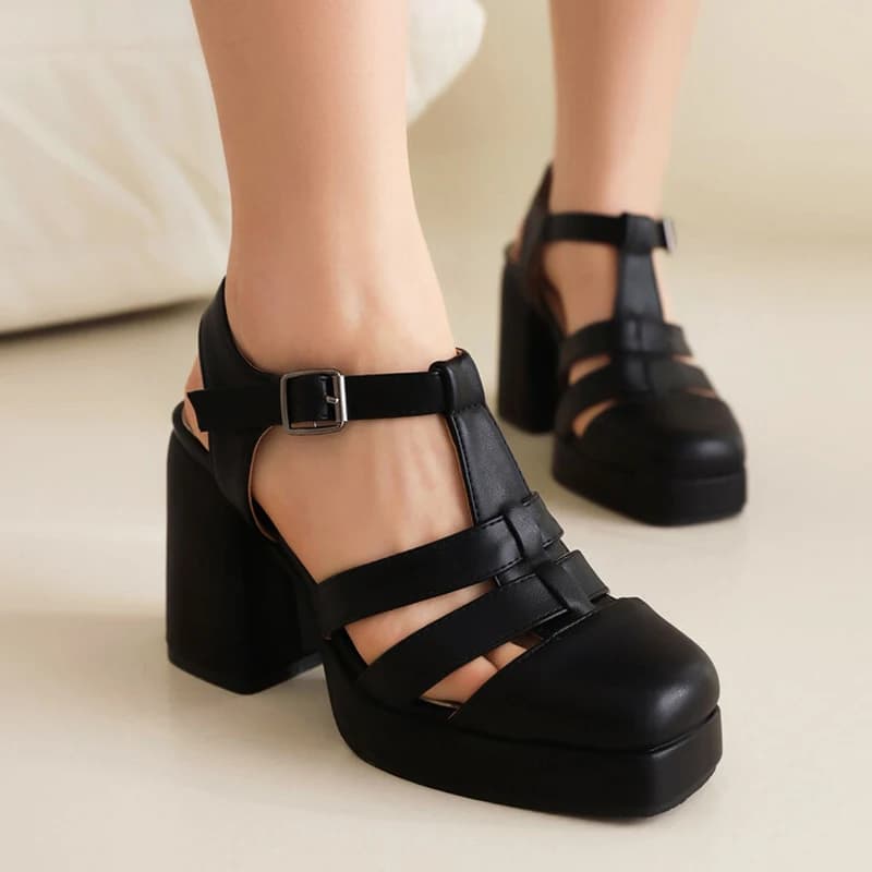 Sandali con plateau a punta quadrata da donna, estivi, con tacco grosso e intagliato, con cinturino a T, tacco alto 9 cm, Sandalias Mujer LWSH5652