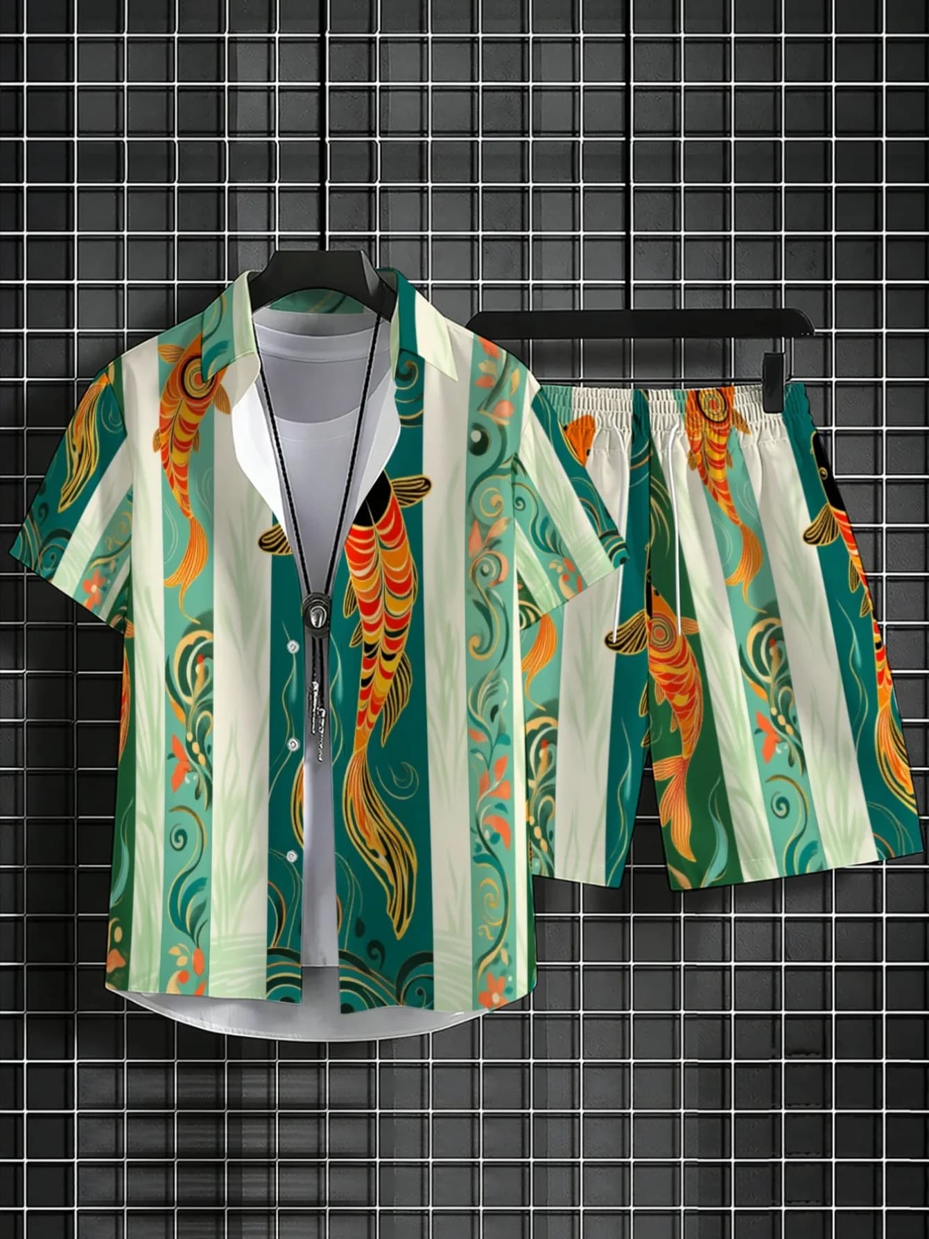 Traditional Lucky Fish Graphic Male Summer Suit Short Sleeve Shirt Loose Shorts Streetwear Tracksuit