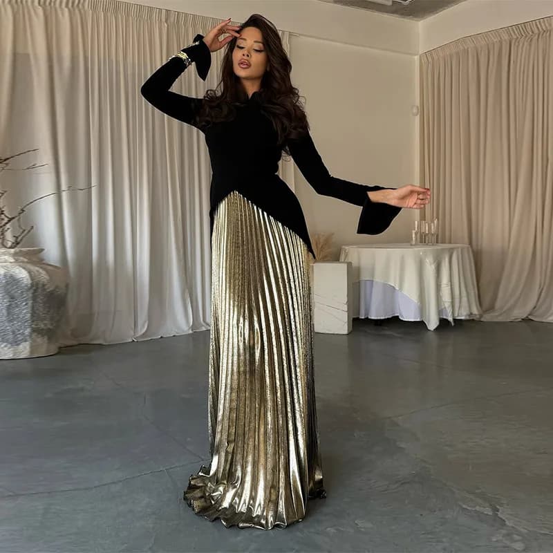 2025 New Fashion Women's Casual Trendy 2 Piece Sets Slim Long Sleeve Stand Collar T-shirts Ankle Length A-line Pleated Skirts