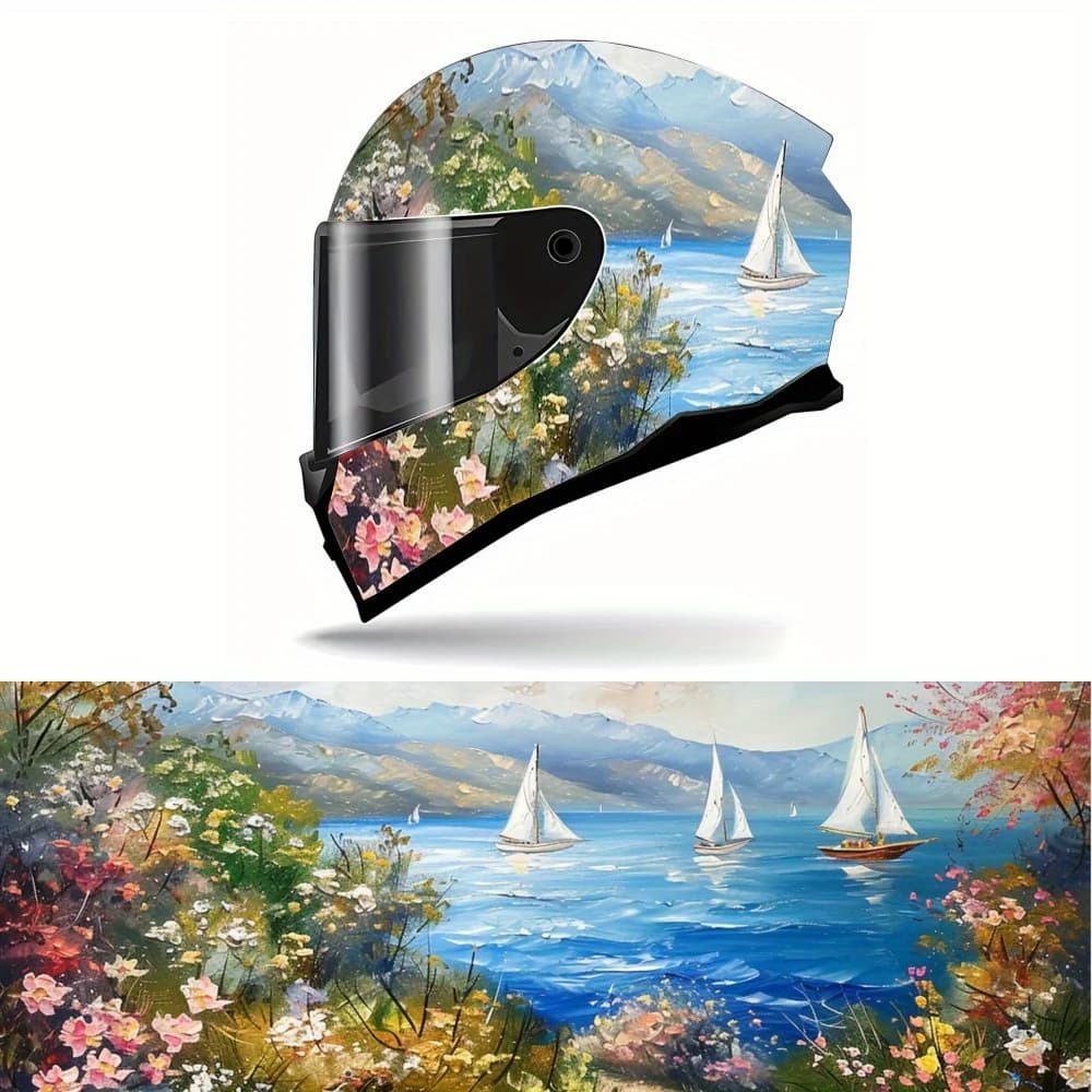 Decalcomanie per casco integrale con motivo Coastal Village - PVC resistente e impermeabile, casco da motociclista autoadesivo Aesthe