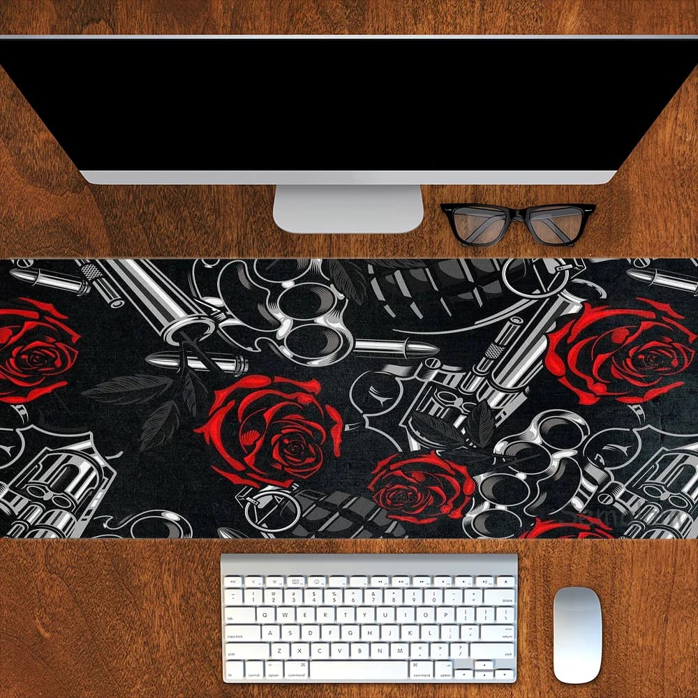 Tappetino per Mouse da Gaming Artistico con Motivo Rosa e Pistola, Base Antiscivolo in Gomma, Cuciture Precise, Lavabile e Durevole, per Giochi e Ufficio