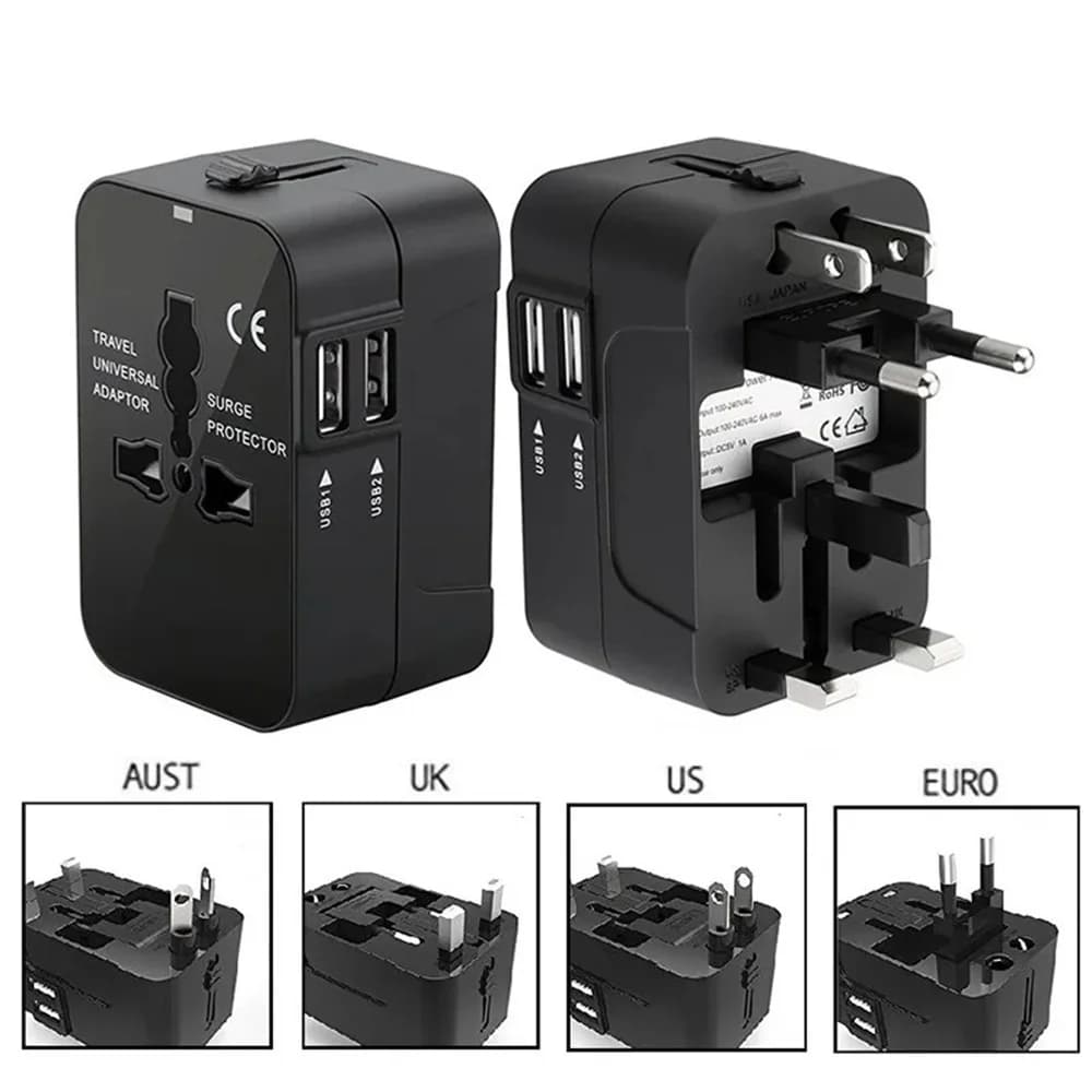 Universal Travel AC Power Adapter with Double USB Ports EU US UK AU Global Conversion Charger Plug