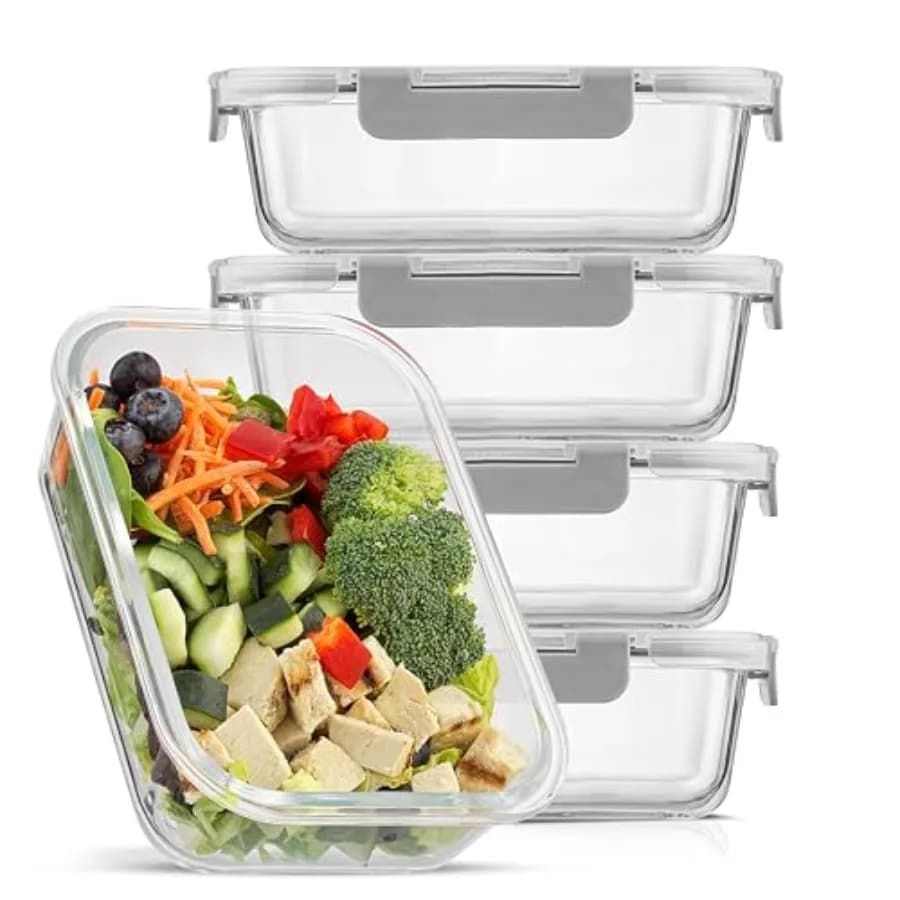 Contenitori in Vetro per Alimenti con Coperchi Set di 5 Contenitori in Vetro per Preparazione Pasti, Riutilizzabili, 35oz, Monoscomparto, Ermetici