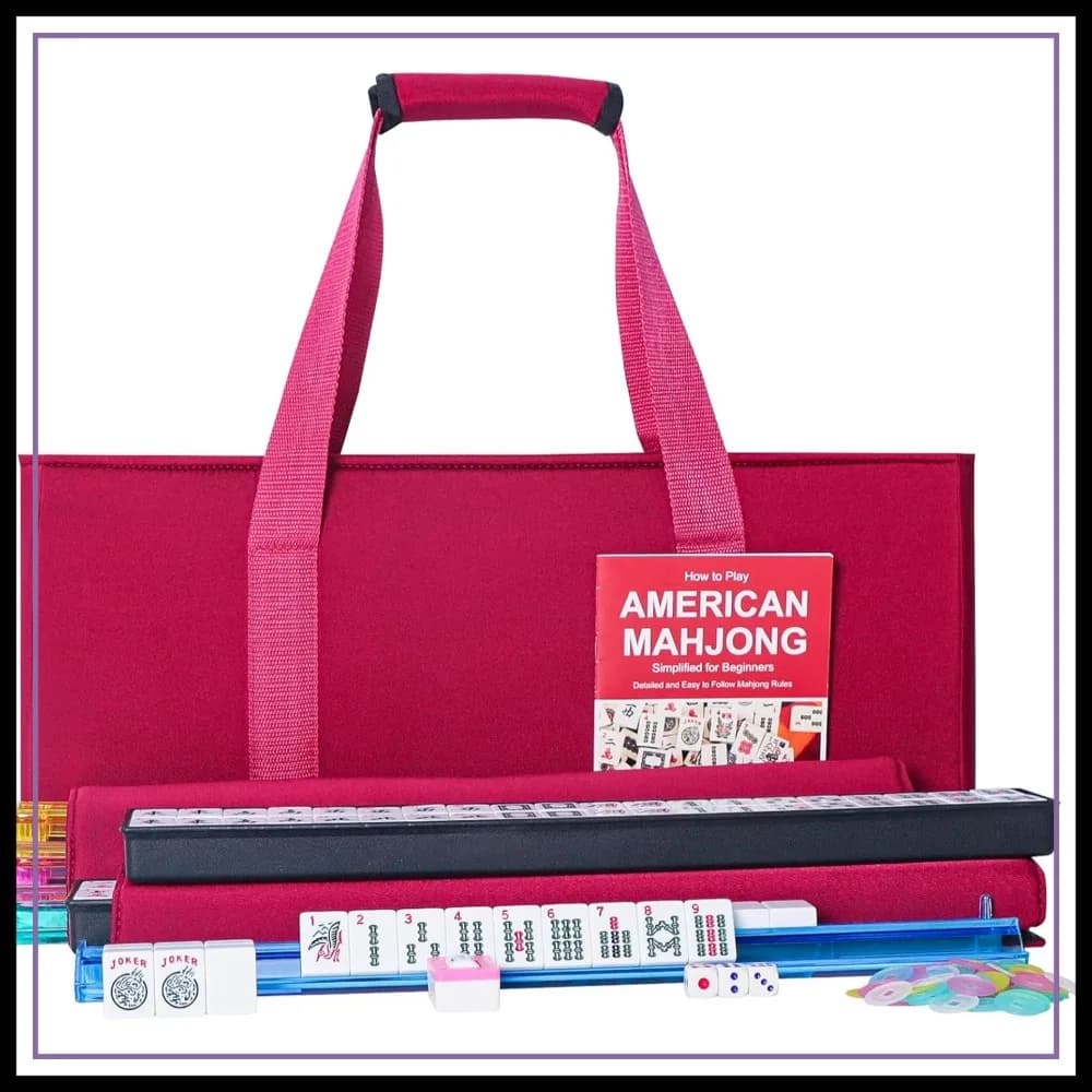 Set Mahjong Americano con 166 Tessere Bianche, Borsa Rossa, 4 Supporti e Spingitori Tutto-in-Uno, Mahjong Occidentale Completo