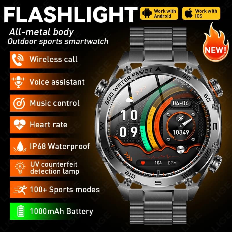 Smartwatch Militare con Corpo in Metallo, Batteria da 1000mAh, Display AMOLED HD, Monitoraggio dell'Ossigeno nel Sangue, Tracker Sportivo per Uomo