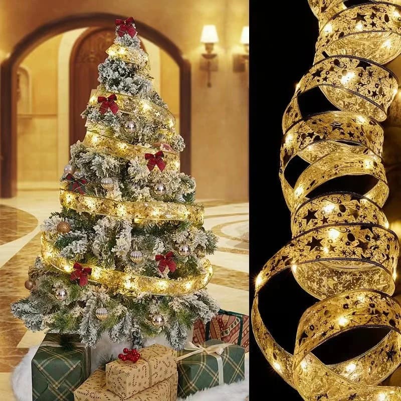 Christmas Tree New Year DecorIndoor DIY Bows String Lamp Battery Powered Christmas Tree Ribbon 2/5/10M Fairy Light for Bedroom