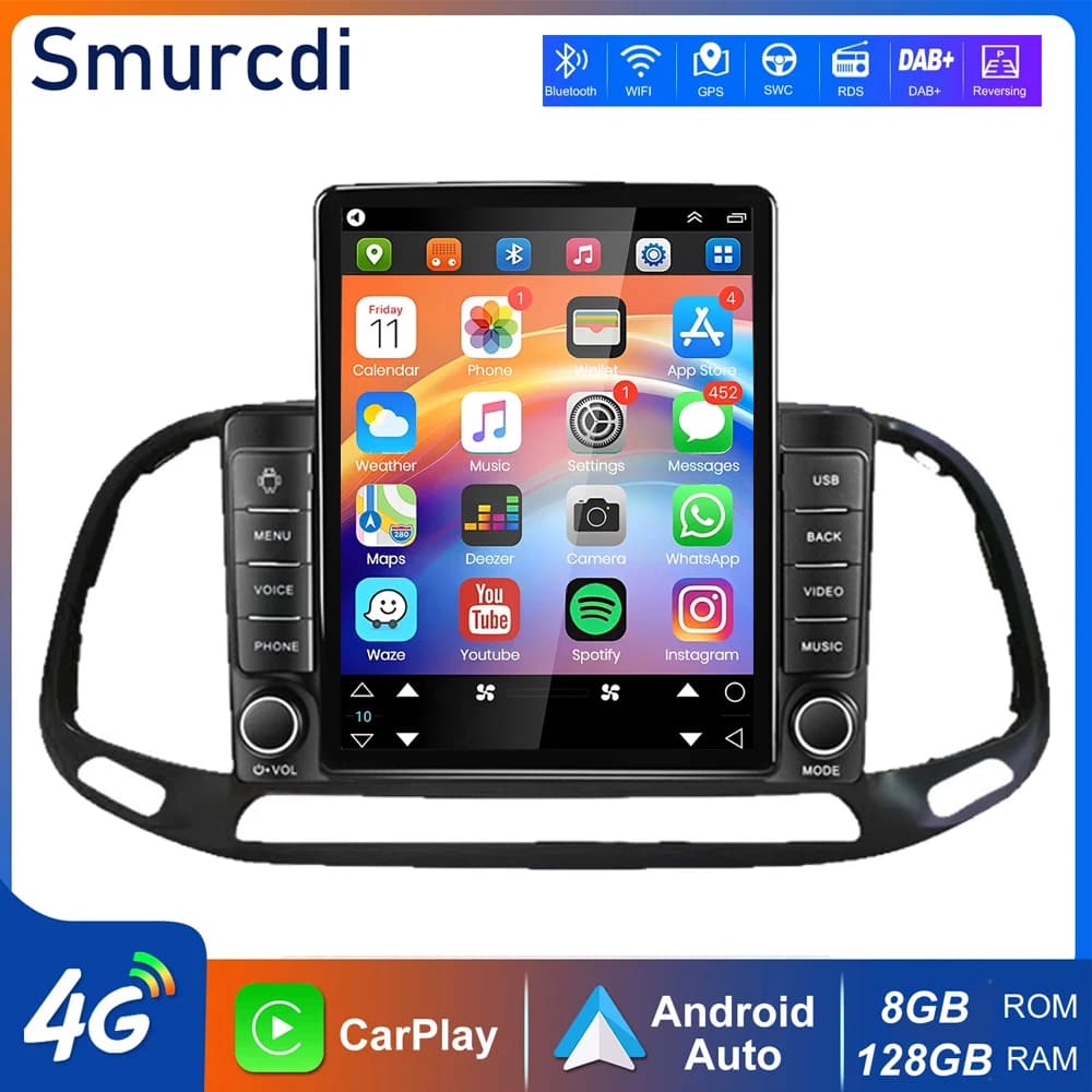 Autoradio Android 16 da 9.7'' con Carplay per Fiat Doblo 2015-2020, Lettore Multimediale GPS, Stereo con Navigazione