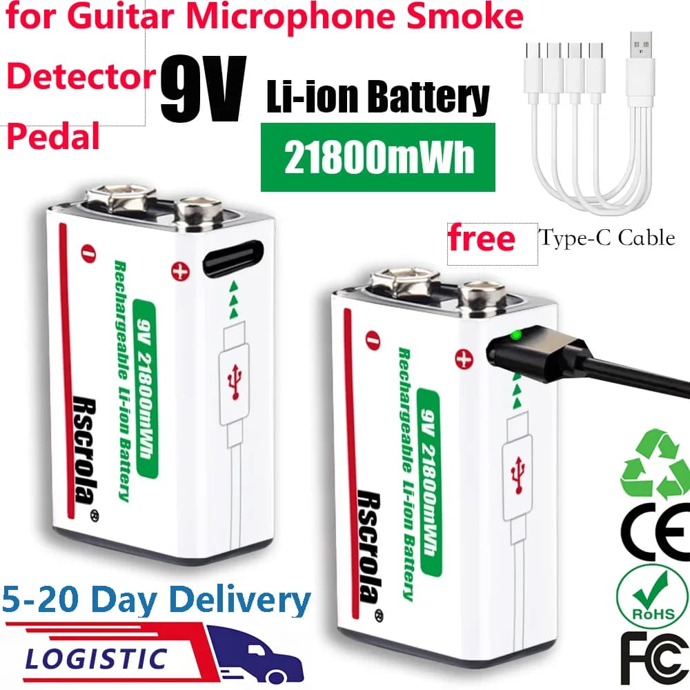 Batteria Ricaricabile agli Ioni di Litio Rscrola 21800mWh 9V con Cavo, Lunga Durata per Chitarra, Microfono, Rilevatore di Fumo, Pedale