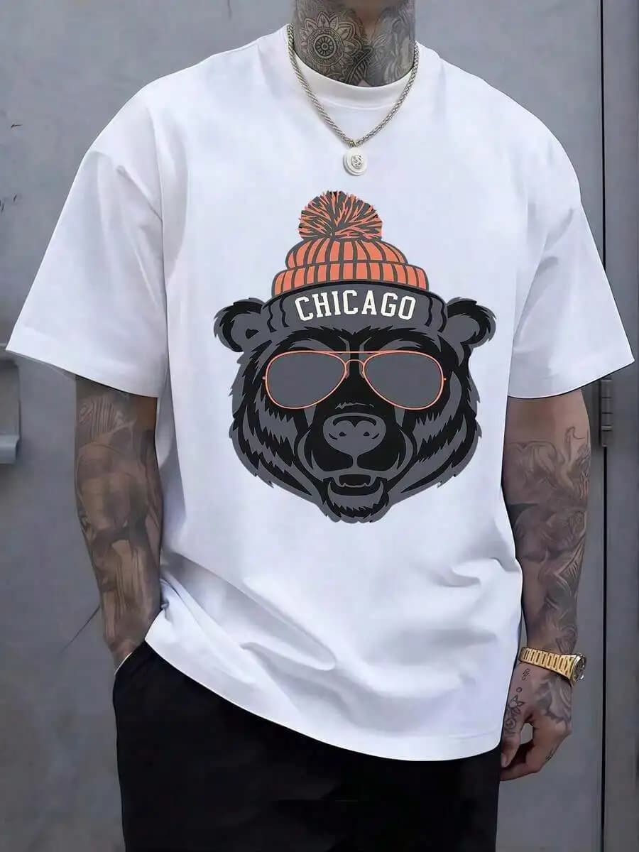 Cool Bear con berretto arancione e occhiali da sole, design con scritta Chicago, t-shirt casual in cotone per uomo e donna